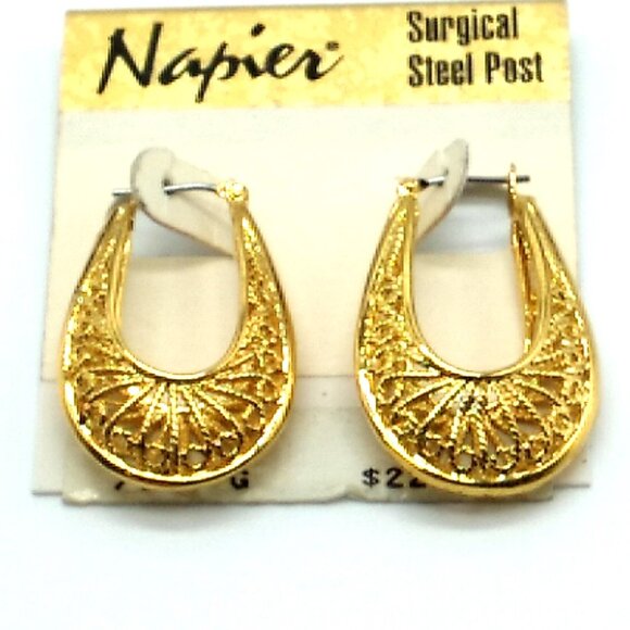 NAPIER Filigree Puffed Hoop Horseshoe Shaped Gold-tone Earrings NWT - Picture 2 of 4